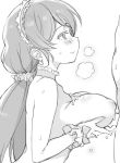  1girl blush breast_lift breasts choker cum cum_on_body cum_on_breasts cum_on_upper_body deyuuku earrings frilled_gloves frills from_side gloves greyscale hair_ornament hair_scrunchie hairband hetero jewelry large_breasts long_hair love_live! love_live!_school_idol_project monochrome nipples out_of_frame paizuri penis scrunchie smile sweat toujou_nozomi twintails 