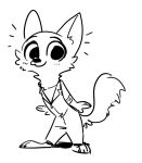  2018 anthro barefoot black_and_white canine cheek_tuft clothed clothing coveralls disney female fox fuel_(artist) looking_at_viewer mammal monochrome simple_background skye_(zootopia) smile solo standing tuft white_background zootopia 