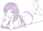  ass barefoot blush bra breasts chin_rest deyuuku eyebrows_visible_through_hair feet_up hair_ornament hair_scrunchie large_breasts long_hair looking_at_viewer love_live! love_live!_school_idol_project lying monochrome on_stomach panties purple scrunchie smile solo the_pose toujou_nozomi underwear underwear_only 