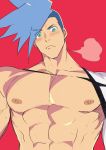  abs absurdres blue_hair blush breath chest closed_mouth galo_(promare) green_eyes haiki_(tegusu) highres igote looking_at_viewer male_focus nipples pectorals promare red_background simple_background solo spiked_hair sweat 