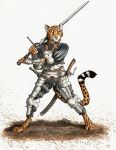  0laffson 2018 4_toes 5_fingers anthro armor barefoot cheetah clothed clothing digitigrade enorach_(0laffson) feline fur holding_object holding_weapon male mammal orange_eyes smile solo spots spotted_fur toes traditional_media_(artwork) weapon 