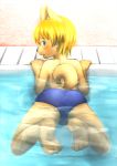  5_fingers anthro blonde_hair blue_eyes blush bulge canine child clothing cub dog hair looking_at_viewer male mammal open_mouth sfh solo speedo swimsuit water young 