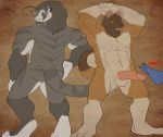  2012 4_toes 5_fingers abs akita anthro arms_above_head balls barefoot biceps biped blue_eyes brown_background brown_eyes brown_fur brown_nose brown_tail canine clothing dazen_(character) dazen_cobalt digital_media_(artwork) digitigrade dog duo feline front_view fur glans grey_fur grey_hair grey_stripes grey_tail grin hair humanoid_penis hurst looking_at_viewer looking_back male mammal multicolored_fur multicolored_tail muscular muscular_male nude pecs penis pink_nose pink_penis plantigrade rear_view simple_background smile speedo standing striped_fur stripes swimsuit teeth tiger toes wardrobe_malfunction white_balls white_fur white_tail 