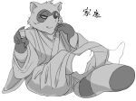  2013 anthro canine clothing humanoid_hands hysk japanese_text legwear male mammal robe sengoku_puzzle simple_background sitting socks solo tanuki text tokugawa_ieyasu white_background 