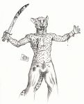  0laffson 2018 anthro blood cheetah clothed clothing feline holding_object holding_weapon male mammal melee_weapon open_mouth simple_background sketch solo sword teeth tongue topless traditional_media_(artwork) weapon white_background 