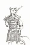  0laffson 2018 5_fingers anthro armor canine clothed clothing holding_object holding_weapon mammal melee_weapon sketch sword traditional_media_(artwork) weapon 