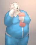  2018 anthro bear belly blue_eyes clothing fur humanoid_hands male mammal maron2475 navel overweight overweight_male pants polar_bear shirane_kan simple_background solo tired utau white_fur 
