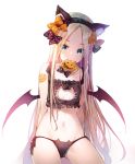  abigail_williams_(fate/grand_order) animal_band_legwear animal_ear_fluff animal_ears bangs bare_shoulders black_bow black_bra black_panties black_wings blonde_hair blue_eyes blush bow bra cat_cutout cat_ear_panties cat_ears cat_lingerie cleavage_cutout collarbone commentary demon_wings eyebrows_visible_through_hair fake_animal_ears fate/grand_order fate_(series) flat_chest forehead frilled_bra frills groin hair_bow head_tilt highres long_hair meme_attire miwabe_sakura mouth_hold navel orange_bow panties parted_bangs polka_dot polka_dot_bow side-tie_panties simple_background solo underwear underwear_only very_long_hair white_background wings 
