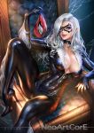  artist_name black_cat_(marvel) bodysuit breasts chair choker cleavage collar covered_navel domino_mask felicia_hardy green large_breasts legs_up long_hair marvel mask mask_removed nudtawut_thongmai shiny shiny_skin signature silver_hair sitting solo thighs unzipped 