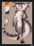  2018 3_toes 5_fingers anthro biped black_border black_claws black_horn black_nipples black_sclera black_skin black_stripes border breasts cannibalistic_tendencies claws color_swatch curved_horn digital_media_(artwork) female forked_tongue front_view grey_background grey_skin hi_res horn long_tongue looking_at_viewer model_sheet multicolored_skin nipples nude orange_eyes pink_pussy pink_tongue pussy rattle_(feature) reptile scales scalie sharp_claws signature simple_background smaller_version_at_source smile smooth_horn snake solo spikes standing striped_body stripes toe_claws toes tongue tongue_out white_scales white_skin 