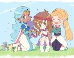  :d ^_^ blonde_hair blue_eyes brown_eyes brown_hair closed_eyes dark_skin dress earrings facial_mark flower head_wreath jewelry kneeling miyata_(lhr) mouse multiple_girls open_mouth petals pidge_gunderson pointy_ears princess_allura romelle sitting smile tiara twintails voltron:_legendary_defender white_hair 