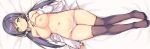  bed_sheet black_legwear blush breasts clothes_down collarbone dakimakura deyuuku eyebrows_visible_through_hair green_eyes groin hair_ornament hair_scrunchie hand_on_own_chest large_breasts long_hair long_sleeves looking_at_viewer love_live! love_live!_school_idol_project navel nipples no_shoes open_clothes open_shirt panties pink_panties pink_scrunchie purple_hair scrunchie shirt sideways smile solo stomach thighhighs toujou_nozomi twintails underwear white_shirt 