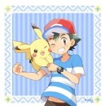  bad_id bad_twitter_id black_hair brown_eyes commentary mei_(maysroom) pikachu pokemon pokemon_(anime) pokemon_(creature) pokemon_sm_(anime) satoshi_(pokemon) z-ring 
