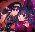  animal_ears bat_ears black_gloves blue_hair breasts commentary_request fake_animal_ears fingerless_gloves fire_emblem fire_emblem:_seima_no_kouseki fire_emblem:_souen_no_kiseki fire_emblem_heroes fur_trim gloves green_eyes halloween_costume headband highres large_breasts long_hair long_sleeves mamkute multi-tied_hair multiple_girls myrrh one_eye_closed open_mouth partial_commentary purple_background purple_hair red_eyes simple_background sou_mei twintails wayu_(fire_emblem) white_headband 