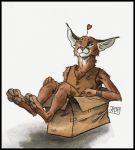  &lt;3 0laffson 2018 4_toes anthro barefoot blue_eyes box brown_fur caracal clothed clothing digitigrade feline fur grey_nose mammal pawpads shadi_(0laffson) simple_background smile toes traditional_media_(artwork) white_background 