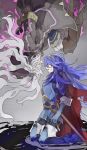  aura belt blue_hair cape commentary_request dark_aura falchion_(fire_emblem) female_my_unit_(fire_emblem:_kakusei) fire_emblem fire_emblem:_kakusei from_side gimurei gloves hood kneeling long_hair long_sleeves lucina multiple_girls my_unit_(fire_emblem:_kakusei) nonomori_(anst_nono) parted_lips robe sheath sheathed tiara upside-down white_hair 