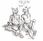  0laffson 2018 4_toes amputee anthro barefoot caracal clothed clothing digitigrade duo feline female lynx male mammal simple_background sketch toes traditional_media_(artwork) white_background 