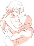  1girl between_breasts breasts collarbone deyuuku faceless faceless_male hair_ornament hair_scrunchie hand_on_another's_head head_between_breasts hetero hug large_breasts long_hair love_live! love_live!_school_idol_project monochrome navel nipples nude red scrunchie smile toujou_nozomi twintails 