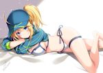  artoria_pendragon_(all) azuma_yuki bangs bare_arms barefoot baseball_cap bed_sheet bikini blonde_hair blue_eyes blue_hat breasts cleavage closed_mouth crossed_arms eyebrows_visible_through_hair fate/grand_order fate_(series) hair_between_eyes hair_through_headwear hat head_tilt high_ponytail large_breasts long_sleeves mysterious_heroine_xx_(foreigner) ponytail side-tie_bikini signature smile solo swimsuit thigh_strap twitter_username white_bikini 