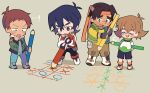  1girl 3boys bandana black_hair blue_eyes brown_eyes brown_hair chin_stroking closed_eyes dark_skin dark_skinned_male fingerless_gloves glasses gloves grey_eyes hood hoodie hunk_(voltron) keith_(voltron) lance_(voltron) miyata_(lhr) multiple_boys open_mouth oversized_object pencil pidge_gunderson shorts smile sweat tic-tac-toe voltron:_legendary_defender 