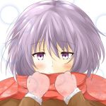  blush eyebrows_visible_through_hair fur-trimmed_sleeves fur_trim gloves honest_(honenano) light_smile nagato_yuki purple_eyes purple_hair red_scarf scarf short_hair solo suzumiya_haruhi_no_shoushitsu suzumiya_haruhi_no_yuuutsu upper_body white_background 