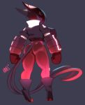  anthro big_breasts breasts butt clothed clothing digitigrade female grey_background hair kanel legwear long_hair multi_tail nipple_bulge rear_view red_eyes red_hair simple_background solo standing 