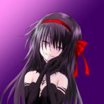  akemi_homura akuma_homura bare_shoulders elbow_gloves eyebrows_visible_through_hair gloves hair_over_eyes hair_ribbon honest_(honenano) long_hair mahou_shoujo_madoka_magica mahou_shoujo_madoka_magica_movie purple_background purple_eyes red_ribbon ribbon smirk solo spoilers upper_body 