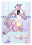  5_fingers bathroom canine claws clothed clothing diaper embarrassed humanoid_hands mammal mirror_selfie partially_clothed randall_(draugr) selfie toe_claws urine wet_diaper wetting wolf wolfen2 