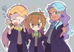  &gt;_&lt; :p bertie_bott's_every_flavour_beans blonde_hair blue_eyes box brown_eyes brown_hair dark_skin earrings facial_mark hands_on_hips harry_potter hogwarts_school_uniform jewelry miyata_(lhr) multiple_girls necktie open_mouth pidge_gunderson pleated_skirt pointy_ears princess_allura robe romelle school_uniform skirt smile tongue tongue_out twintails v-shaped_eyebrows voltron:_legendary_defender wand white_hair 