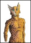  0laffson 2018 anthro brown_fur feline fur green_eyes looking_at_viewer lynx male mammal no_sclera simple_background smile solo spots spotted_fur traditional_media_(artwork) white_background 