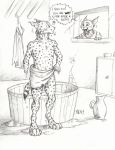  0laffson 2018 5_fingers amputee anthro barefoot caracal digitigrade english_text feline female fur lynx male mammal open_mouth sketch spots spotted_fur teeth text tongue towel traditional_media_(artwork) water 