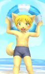  5_fingers anthro blonde_hair blush bulge canine child clothing cub dog hair looking_at_viewer male mammal open_mouth sfh solo swimming_trunks swimsuit water young 
