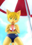  5_fingers anthro ball beach_ball blush canine child clothing cloud cub dog green_eyes looking_at_viewer male mammal navel sfh sky solo speedo swimsuit umbrella young 