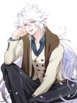  :d black_pants brown_scarf fate/grand_order fate_(series) jacket long_hair looking_at_viewer male_focus merlin_(fate) open_mouth pants purple_eyes scarf sitting smile solo very_long_hair white_background zuwai_kani 