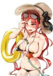  azur_lane between_breasts bikini black_bikini blush breasts commentary_request eyewear_on_head ganari_ryuu hair_ribbon hat highres honolulu_(azur_lane) hose innertube large_breasts red_eyes red_hair ribbon starfish straw_hat sunglasses swimsuit twintails wardrobe_malfunction 