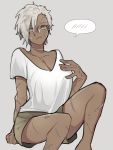  breasts cleavage commentary_request dark_skin frown grey_hair highres invisible_chair large_breasts menoo_(meno1921) milla_(menoo) original scar shirt short_hair shorts sitting solo spoken_blush sweatdrop t-shirt 