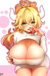  absurdres alternate_eye_color blonde_hair blush bowsette breasts cleavage commentary covered_nipples crown dress english_commentary eyebrows_visible_through_hair green_eyes highres horns huge_breasts leaning_forward licking long_hair mario_(series) meme_attire mushroom new_super_mario_bros._u_deluxe open-chest_sweater outline ponytail ribbed_sweater sharp_teeth solo suggestive_fluid sumisumii super_crown sweater sweater_dress teeth tongue 