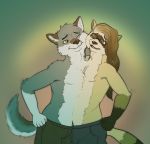  canine clothed clothing conjoined coyote duo eyewear ferret glasses gradient_background male mammal merging mustelid pants simple_background the-b3ing topless what 