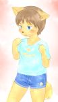  5_fingers anthro blue_eyes blush canine child clothing cub dog male mammal open_mouth sfh shirt shorts simple_background solo t-shirt young 