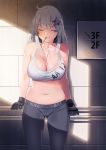  aa-12_(girls_frontline) absurdres ahoge ass_visible_through_thighs bags_under_eyes bangs bra breasts candy character_name chewing closed_eyes clothes_writing commentary_request cowboy_shot eyebrows_visible_through_hair food girls_frontline gloves grey_bra grey_gloves grey_pants hair_ornament highres ihobus lollipop long_hair medium_breasts navel pants shade sidelocks silver_hair solo sports_bra star star_hair_ornament stomach sweat underwear 