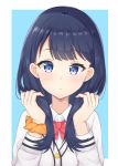  bangs blue_background blue_eyes blue_hair blush bow cardigan closed_mouth collared_shirt commentary dress_shirt eyebrows_visible_through_hair hands_up head_tilt highres long_hair long_sleeves orange_scrunchie red_bow scrunchie seventeen_(st17215) shirt solo ssss.gridman takarada_rikka two-tone_background upper_body white_background white_cardigan white_shirt wrist_scrunchie 