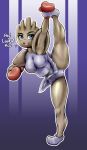  2018 absurd_res anthro big_breasts blue_eyes boxing_gloves breasts brown_body clothed clothing digital_media_(artwork) english_text female flexible hi_res hitmonchan hoedeer humanoid muscular muscular_female nintendo open_mouth pok&eacute;mon pok&eacute;mon_(species) simple_background solo text thick_thighs video_games 