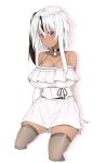 absol black_choker black_hair black_legwear blush breasts choker cleavage dark_skin dress elbow_gloves gloves highres looking_at_viewer multicolored_hair natsuki_straight personification pokemon red_eyes simple_background sitting solo thighhighs two-tone_hair white_background white_dress white_gloves white_hair 