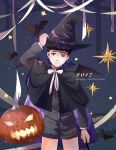  2017 bat black_hair blue_eyes bow bowtie cape credence_barebone fantastic_beasts_and_where_to_find_them halloween halloween_costume happy_halloween hat male_focus pumpkin solo star w_(imily) wand witch_hat 