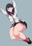  absurdres arms_up blue_eyes blue_hair breasts cardigan full_body highres julioalqae long_sleeves pleated_skirt red_neckwear school_uniform sitting skirt solo ssss.gridman takarada_rikka thick_thighs thighs 