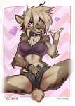  2018 anthro breasts clothed clothing collar ear_piercing f-r95 falla feline female fur hair hand_in_pants looking_at_viewer mammal pants_undone piercing purple_eyes pussy_juice saber-toothed_cat simple_background smile solo teeth wolfy-nail 