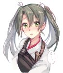  916200 blush breastplate eyebrows_visible_through_hair floating_hair green_eyes green_hair hair_between_eyes hair_ribbon japanese_clothes kantai_collection kimono long_hair looking_at_viewer open_mouth ribbon simple_background sketch solo speech_bubble sweatdrop twintails upper_body white_background white_kimono white_ribbon zuikaku_(kantai_collection) 