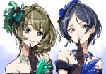  bangs black_gloves black_hair blue_eyes blue_feathers bow brown_hair collarbone earrings elbow_gloves eyebrows_visible_through_hair feathers finger_to_mouth gloves green_bow green_eyes green_feathers hair_between_eyes hair_bow hair_feathers hayami_kanade heterochromia idolmaster idolmaster_cinderella_girls index_finger_raised jewelry looking_at_viewer mole mole_under_eye multiple_girls mysterious_eyes_(idolmaster) necklace parted_bangs shiny shiny_hair short_hair sketch takagaki_kaede tsukikage_oyama upper_body white_background yellow_eyes 