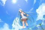  ahoge ass blue_eyes blue_hair blue_sky bridal_gauntlets day dress floating_hair from_below granblue_fantasy lens_flare long_hair looking_at_viewer lyria_(granblue_fantasy) outdoors rowya shiny shiny_hair short_dress sky sleeveless sleeveless_dress smile solo standing sun sunlight thighlet very_long_hair white_dress 