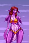  anthro bikini biped breasts bulge clothed clothing costume dickgirl dragon hair hand_on_hip hi_res intersex libra-11 long_tail penis_outline pink_body pink_tail red_hair simple_background skimpy solo standing suit suiting swimsuit thick_tail two_tone_body two_tone_tail wings zipper 